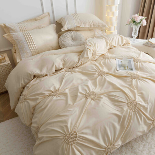 Lenjerie pat dublu, BUMBAC Soft Touch, 6 piese, cu INIMI BRODATE, JOJO Home, Crem