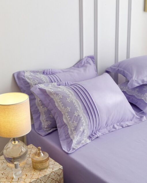 Lenjerie pat dublu, BUMBAC Soft Touch, 6 piese, cu INIMI BRODATE, JOJO Home, Lila - imagine 8