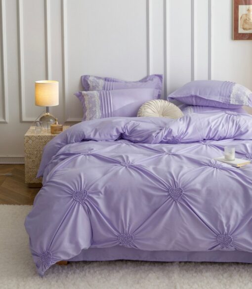 Lenjerie pat dublu, BUMBAC Soft Touch, 6 piese, cu INIMI BRODATE, JOJO Home, Lila - imagine 2