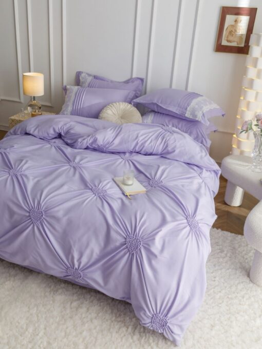 Lenjerie pat dublu, BUMBAC Soft Touch, 6 piese, cu INIMI BRODATE, JOJO Home, Lila - imagine 4