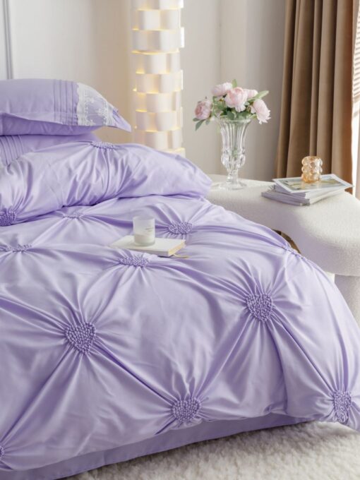 Lenjerie pat dublu, BUMBAC Soft Touch, 6 piese, cu INIMI BRODATE, JOJO Home, Lila - imagine 6