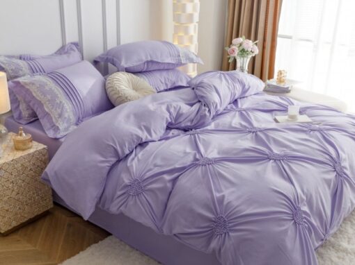 Lenjerie pat dublu, BUMBAC Soft Touch, 6 piese, cu INIMI BRODATE, JOJO Home, Lila - imagine 7