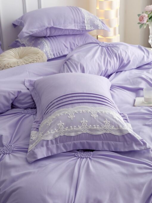 Lenjerie pat dublu, BUMBAC Soft Touch, 6 piese, cu INIMI BRODATE, JOJO Home, Lila - imagine 3