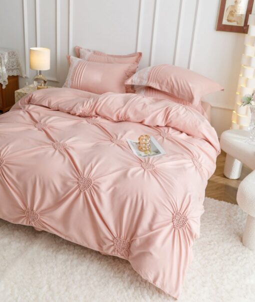 Lenjerie pat dublu, BUMBAC Soft Touch, 6 piese, cu INIMI BRODATE, JOJO Home, Roz Pudra - imagine 5