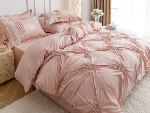 Lenjerie pat dublu, BUMBAC Soft Touch, 6 piese, cu INIMI BRODATE, JOJO Home, Roz Pudra - imagine 6