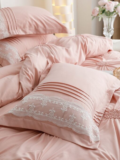 Lenjerie pat dublu, BUMBAC Soft Touch, 6 piese, cu INIMI BRODATE, JOJO Home, Roz Pudra - imagine 7