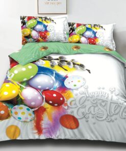 Lenjerie de Paste,Pentru pat dublu,Bumbac Finet,4 piese,Alb-Multicolor