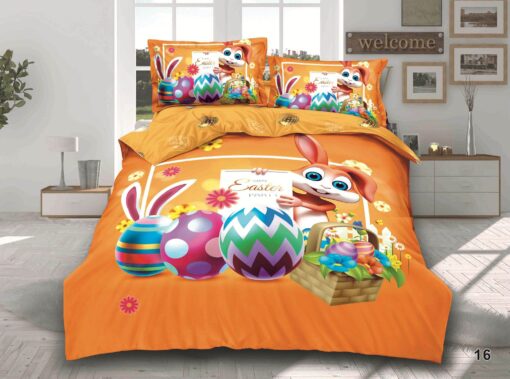 Lenjerie de Paste,Pentru pat dublu,Bumbac Finet,4 piese,Portocaliu-Multicolor