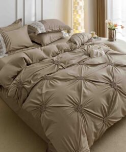 Lenjerie pat dublu, BUMBAC Soft Touch, 6 piese, cu INIMI BRODATE, JOJO Home,Cappuccino