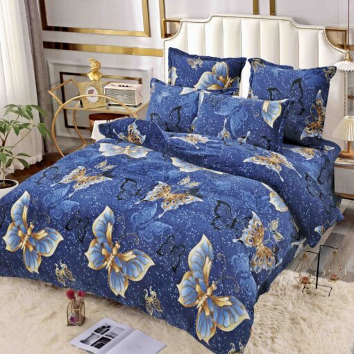 Set Lenjerie Pufoasa Cocolino, 6 Piese, Pat 2 Persoane,Fluturi, Albastru,JOJO Home