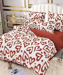 Set Lenjerie Pufoasa Cocolino, 6 Piese, Pat 2 Persoane,Inimi, Albu,Rosu,JOJO Home