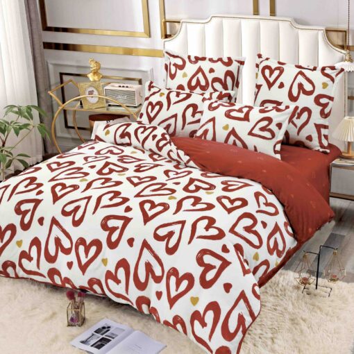 Set Lenjerie Pufoasa Cocolino, 6 Piese, Pat 2 Persoane,Inimi, Albu,Rosu,JOJO Home
