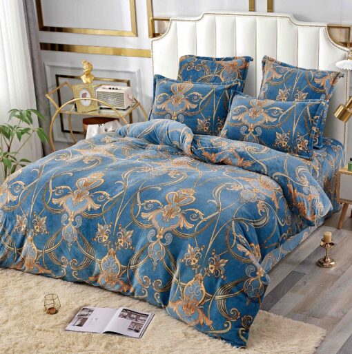 Set Lenjerie Pufoasa Cocolino, 6 Piese, Pat 2 Persoane,Baroque, Albastru/Auriu, JOJO Home