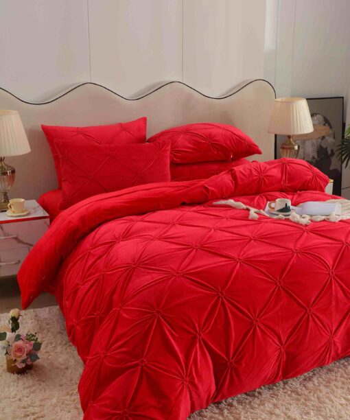 Set Lenjerie de Pat din Catifea, Cu Pliuri, 4 Piese, Pat 2 Persoane,Rosu,JOJO Home - imagine 3