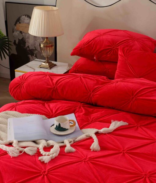 Set Lenjerie de Pat din Catifea, Cu Pliuri, 4 Piese, Pat 2 Persoane,Rosu,JOJO Home - imagine 2