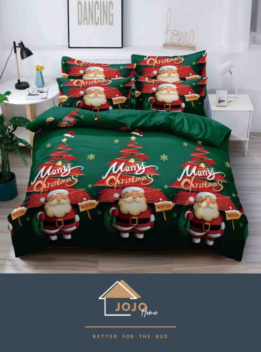 Lenjerie de pat Mos Craciun,6 Piese,Bumbac Finet,Verde, Merry Christmas,JOJO Home
