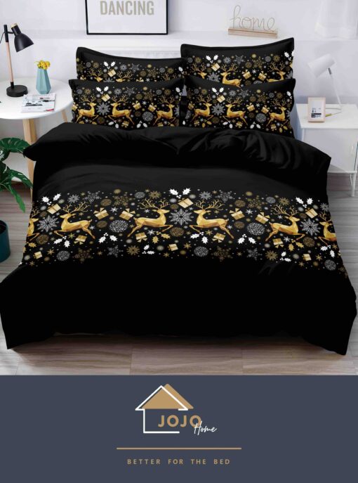 Lenjerie de pat Mos Craciun,6 Piese,Bumbac Finet,Negru-Auriu,Reni,Cadouri,JOJO Home