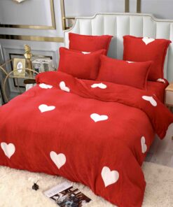 Set Lenjerie Pufoasa Cocolino, 6 Piese, Pat 2 Persoane,Inimioare, Rosu/Alb,JOJO Home
