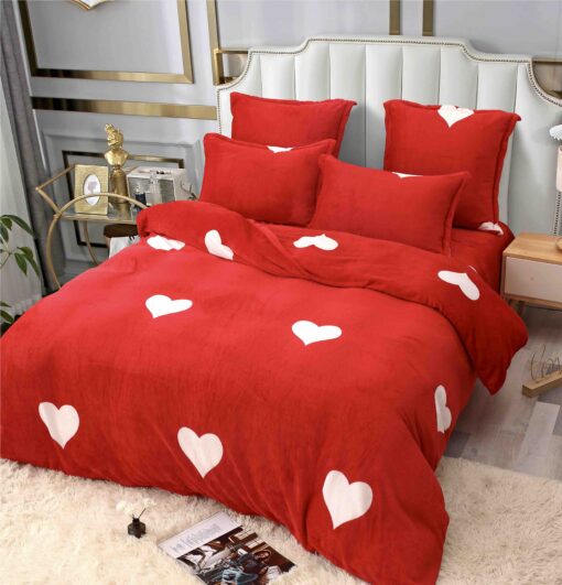 Set Lenjerie Pufoasa Cocolino, 6 Piese, Pat 2 Persoane,Inimioare, Rosu/Alb,JOJO Home
