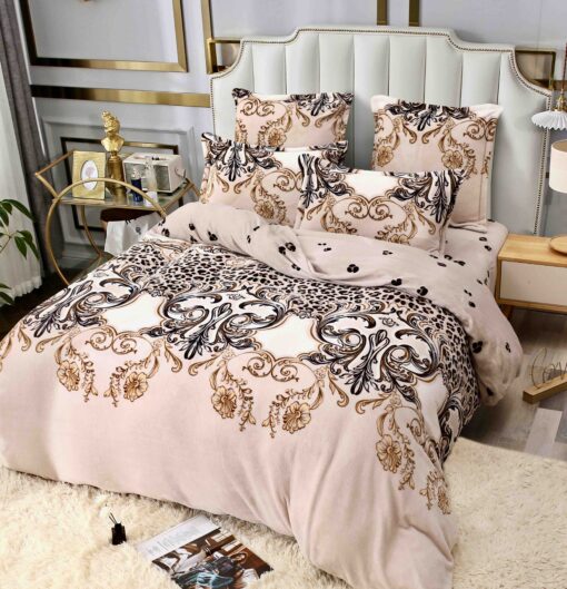 Set Lenjerie Pufoasa Cocolino, 6 Piese, Pat 2 Persoane,Baroque, Bej/Galben/Maro,JOJO Home