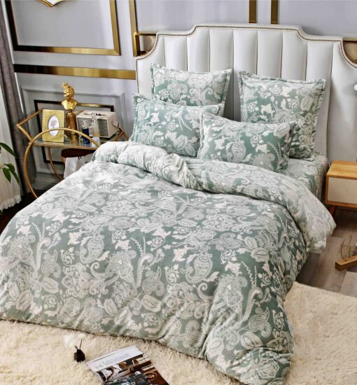 Set Lenjerie Pufoasa Cocolino, 6 Piese, Pat 2 Persoane,Floral, Alb/Verde,JOJO Home