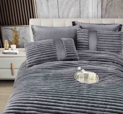 Lenjerie de pat cu Pilota Inclusa , Cearceaf cu Elastic, 6 Piese, Blană de Iepure Artificială, JOJO Home - imagine 2