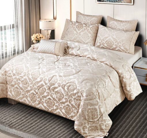 Set Lenjerie Jacquard cu Elastic + Pilota + Perna Tip Puisor, Pat 2 Persoane, 7 Piese, Maro/Crem,JOJO Home - imagine 2