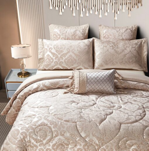 Set Lenjerie Jacquard cu Elastic + Pilota + Perna Tip Puisor, Pat 2 Persoane, 7 Piese, Maro/Crem,JOJO Home - imagine 3
