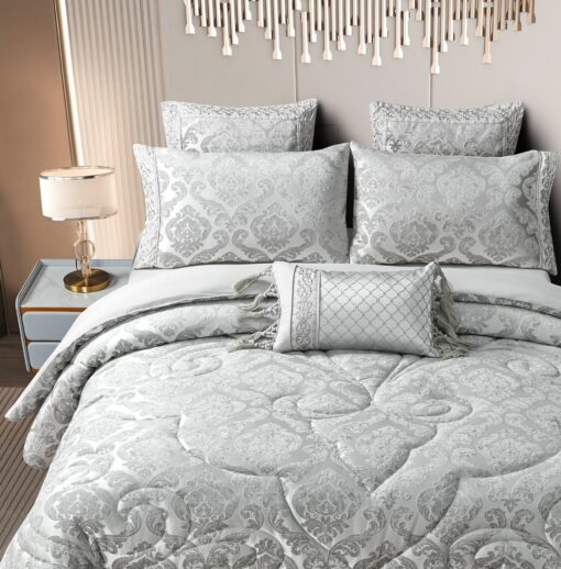 Set Lenjerie Jacquard cu Elastic + Pilota + Perna Tip Puisor, Pat 2 Persoane, 7 Piese, Gri,JOJO Home - imagine 3