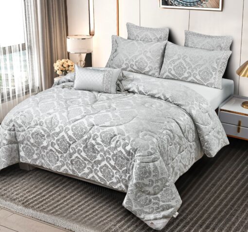 Set Lenjerie Jacquard cu Elastic + Pilota + Perna Tip Puisor, Pat 2 Persoane, 7 Piese, Gri,JOJO Home - imagine 4
