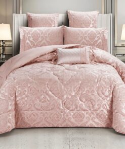 Set Lenjerie Jacquard + Pilota + Perna Tip Puisor, Pat 2 Persoane, 7 Piese, Roz,JOJO Home