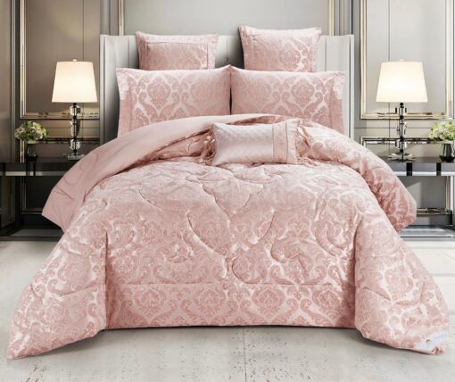 Set Lenjerie Jacquard + Pilota + Perna Tip Puisor, Pat 2 Persoane, 7 Piese, Roz,JOJO Home