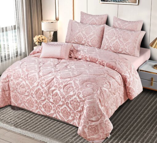 Set Lenjerie Jacquard + Pilota + Perna Tip Puisor, Pat 2 Persoane, 7 Piese, Roz,JOJO Home - imagine 5