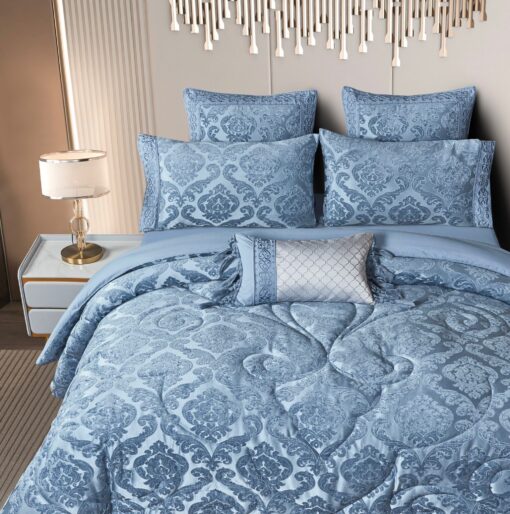 Set Lenjerie Jacquard + Pilota + Perna Tip Puisor, Pat 2 Persoane, 7 Piese,Albastru ,JOJO Home - imagine 3