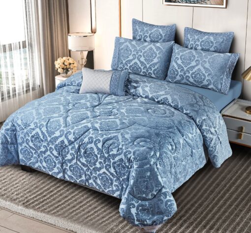 Set Lenjerie Jacquard + Pilota + Perna Tip Puisor, Pat 2 Persoane, 7 Piese,Albastru ,JOJO Home - imagine 2