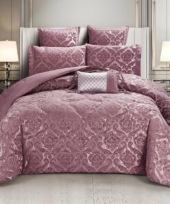 Set Lenjerie Jacquard cu Elastic + Pilota + Perna Tip Puisor, Pat 2 Persoane, 7 Piese, Roz Pudra,JOJO Home