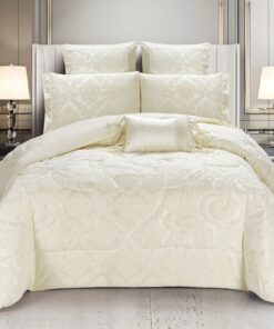 Set Lenjerie Jacquard cu Elastic + Pilota + Perna Tip Puisor, Pat 2 Persoane, 7 Piese, Bej,JOJO Home