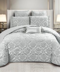 Set Lenjerie Jacquard cu Elastic + Pilota + Perna Tip Puisor, Pat 2 Persoane, 7 Piese, Gri,JOJO Home