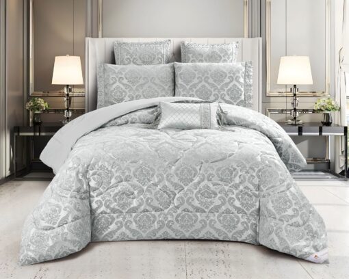 Set Lenjerie Jacquard cu Elastic + Pilota + Perna Tip Puisor, Pat 2 Persoane, 7 Piese, Gri,JOJO Home