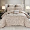 Set Lenjerie Jacquard cu Elastic + Pilota + Perna Tip Puisor, Pat 2 Persoane, 7 Piese, Maro/Crem,JOJO Home