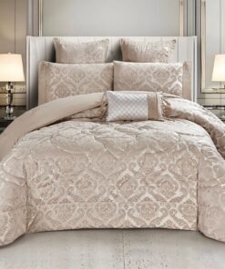 Set Lenjerie Jacquard cu Elastic + Pilota + Perna Tip Puisor, Pat 2 Persoane, 7 Piese, Maro/Crem,JOJO Home