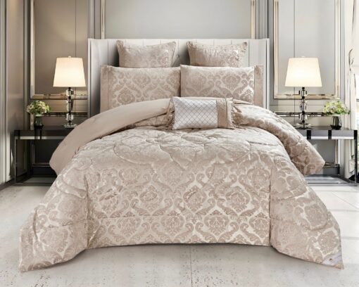 Set Lenjerie Jacquard cu Elastic + Pilota + Perna Tip Puisor, Pat 2 Persoane, 7 Piese, Maro/Crem,JOJO Home