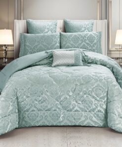 Set Lenjerie Jacquard cu Elastic + Pilota + Perna Tip Puisor, Pat 2 Persoane, 7 Piese, Verde,JOJO Home
