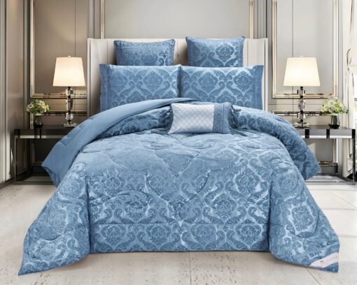 Set Lenjerie Jacquard + Pilota + Perna Tip Puisor, Pat 2 Persoane, 7 Piese,Albastru ,JOJO Home
