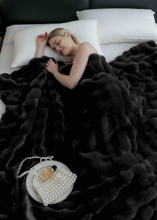 Patura din Blanita de Iepure, cu Fermoar,Negru,JOJO Home - imagine 2