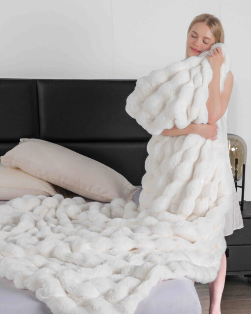 Patura din Blanita de Iepure, cu Fermoar,Alb,JOJO Home - imagine 5