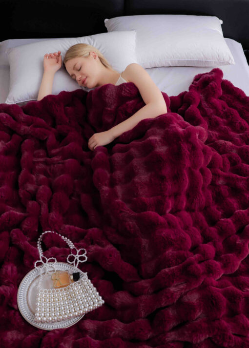Patura din Blanita de Iepure, cu Fermoar,Grena,JOJO Home - imagine 3