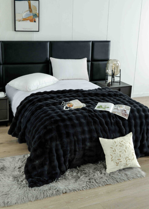 Patura din Blanita de Iepure, cu Fermoar,Negru,JOJO Home