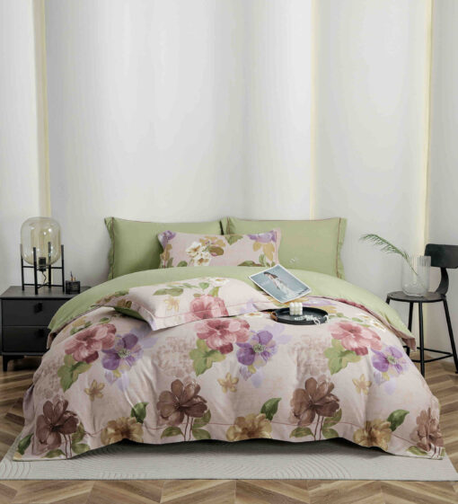 Lenjerie De Lux, Bumbac Finet, 6 Piese,Elastic,Flori, Verde, JOJO Home,