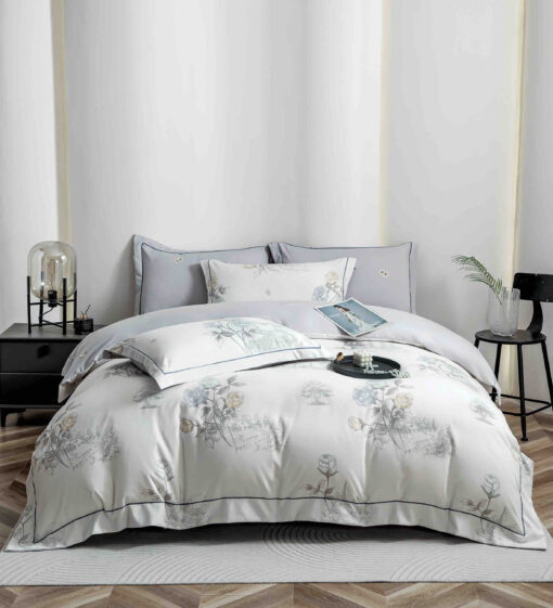 Lenjerie De Lux, Bumbac Finet, 6 Piese,Elastic,Trandafiri, Alb/Gri, JOJO Home